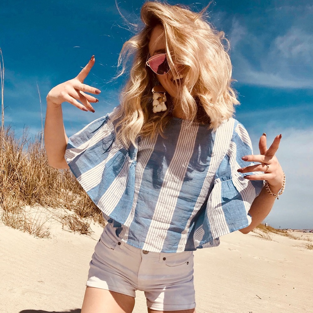 Blue and white striped crop top American eagle